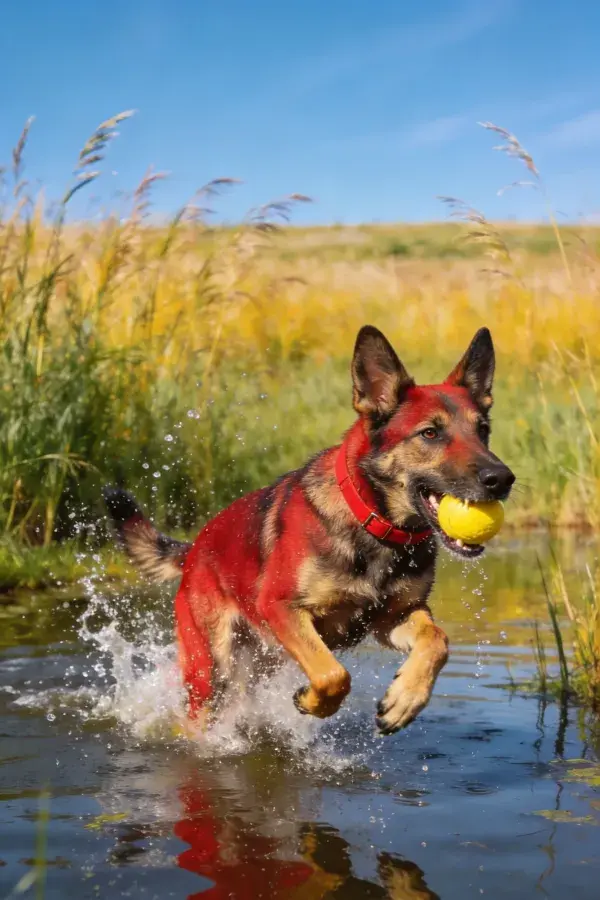 水中奔跑的德国牧羊犬叼黄色球