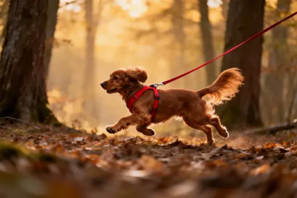 森林小径中奔跑的金毛寻回犬