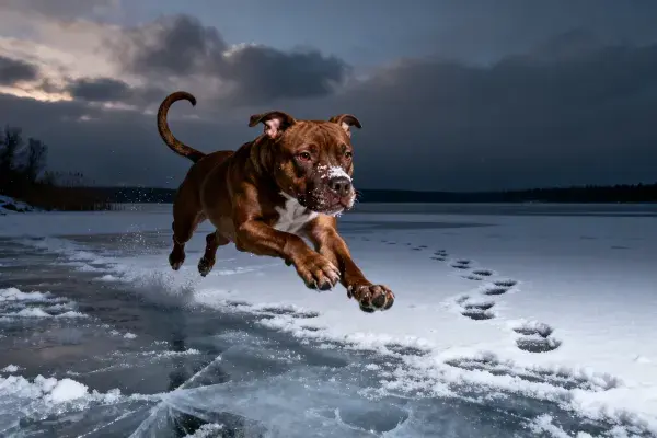 冰雪场景中的比特犬跳跃瞬间