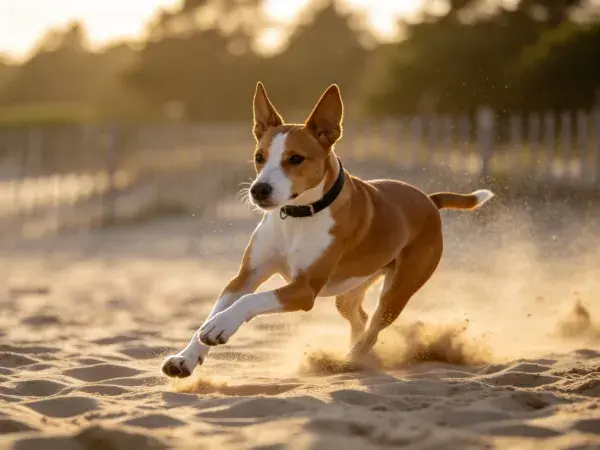 沙滩上奔跑的巴吉度犬