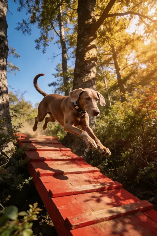 阳光下魏玛兰纳犬跨越红色木桥
