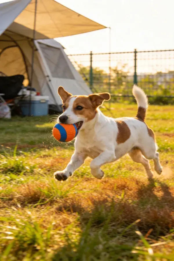 杰克罗素梗犬在露营场地追逐玩具球