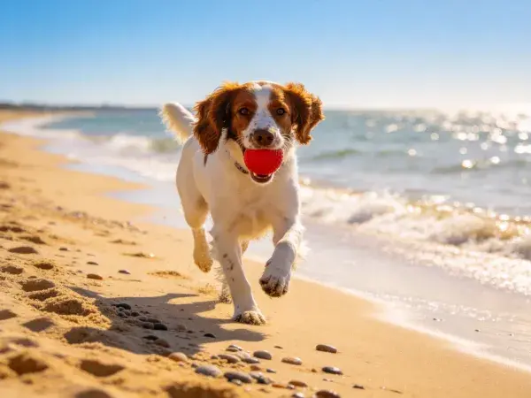 海滩上英国史宾格犬叼球奔跑