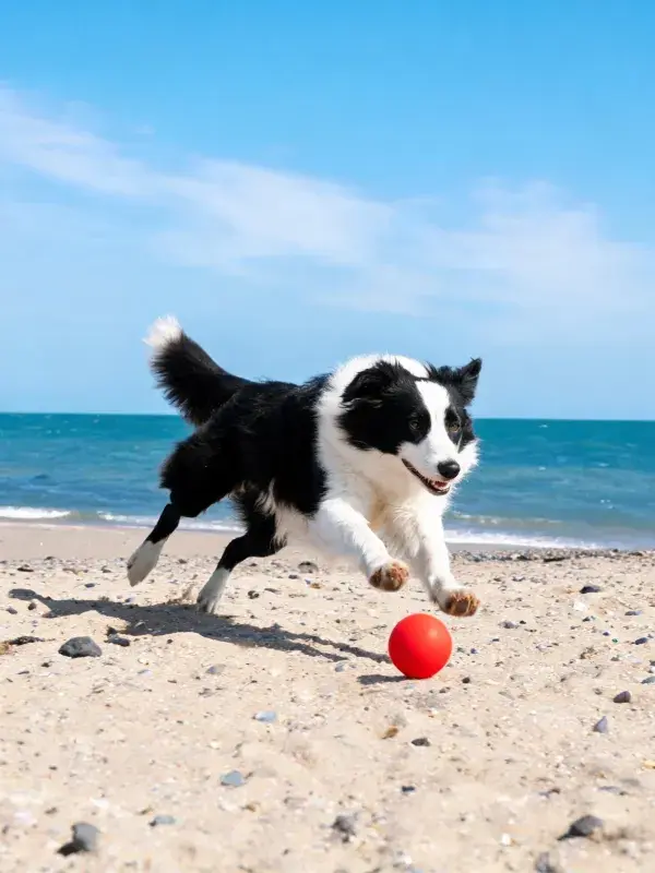 海滩沙滩上的边境牧羊犬玩耍场景