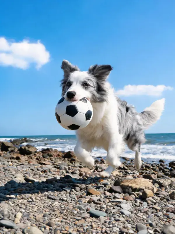 海边岩石滩上的边境牧羊犬玩耍场景