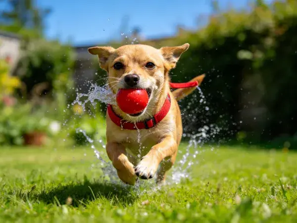 小型混血犬叼红球奔跑于草地水域间
