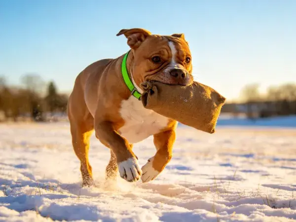 斯塔福梗犬雪地叼物奔跑场景