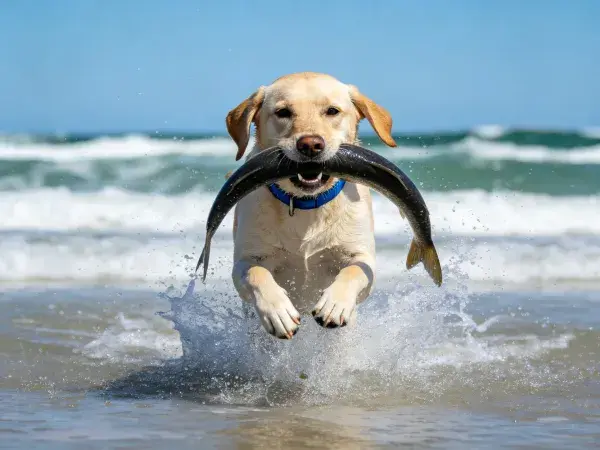 海滩上的黄色拉布拉多犬叼鱼