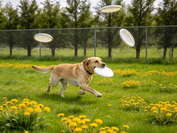 拉布拉多犬玩飞盘于草地场景