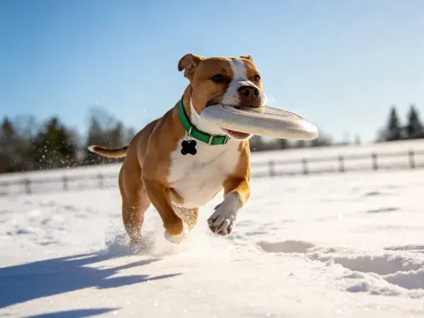 宾莎犬雪地叼飞盘奔跑场景