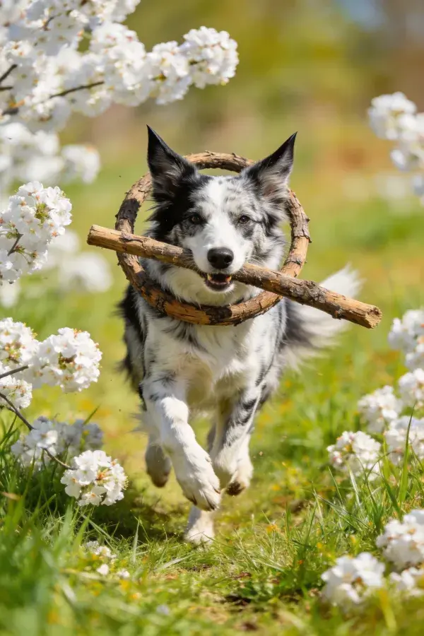 边境牧羊犬于繁花草地持物奔跑