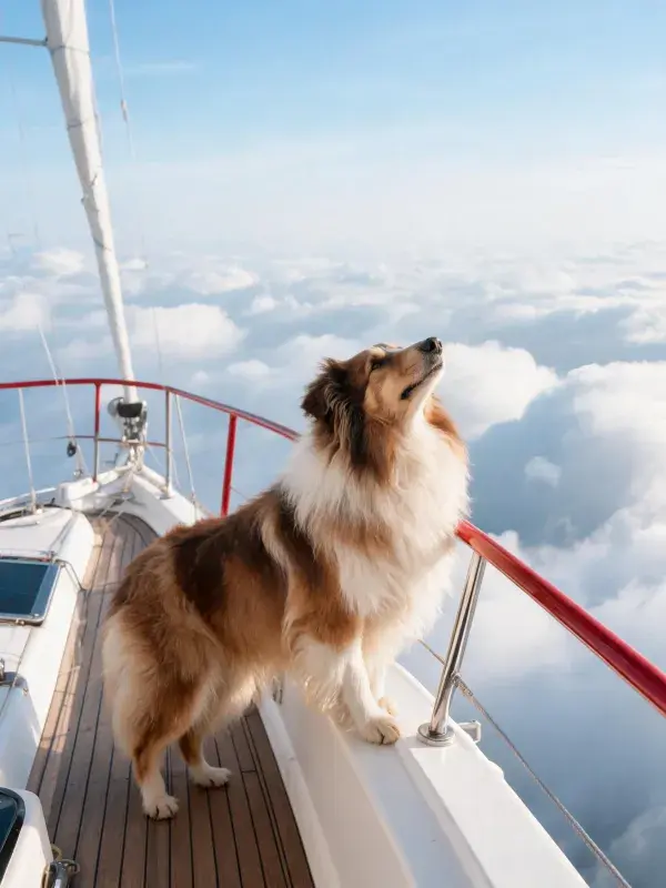 设得兰牧羊犬在帆船甲板上的观察姿态