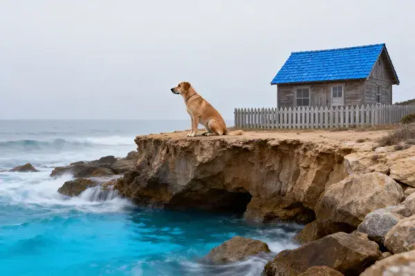 海岸悬崖上的金毛犬与蓝色屋顶木屋场景