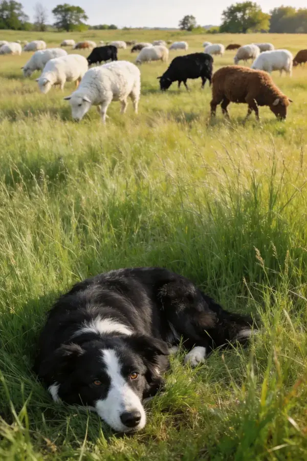 边境牧羊犬躺卧在牧场草地上