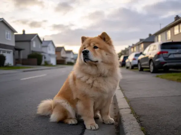 柴犬坐立观察住宅街道旁