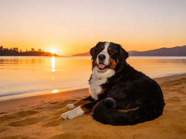 沙滩夕阳下的伯恩山犬