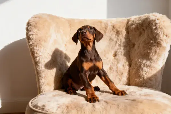室内软垫座椅上的杜宾幼犬