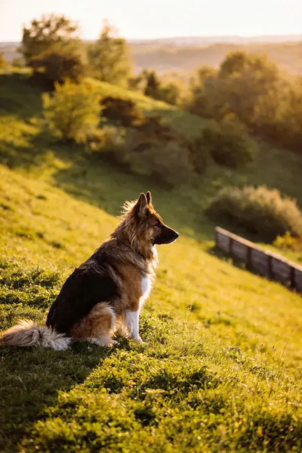 德国牧羊犬于草坡晨光下的姿态