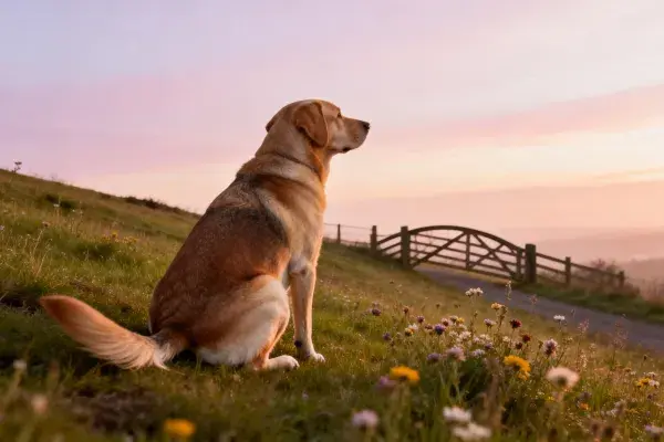 夕阳下草坡上的拉布拉多混种犬