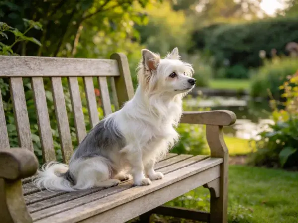 长毛卷毛小型犬坐在木质长椅上