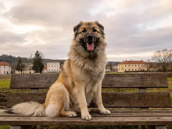 高加索牧羊犬坐在木质长椅上