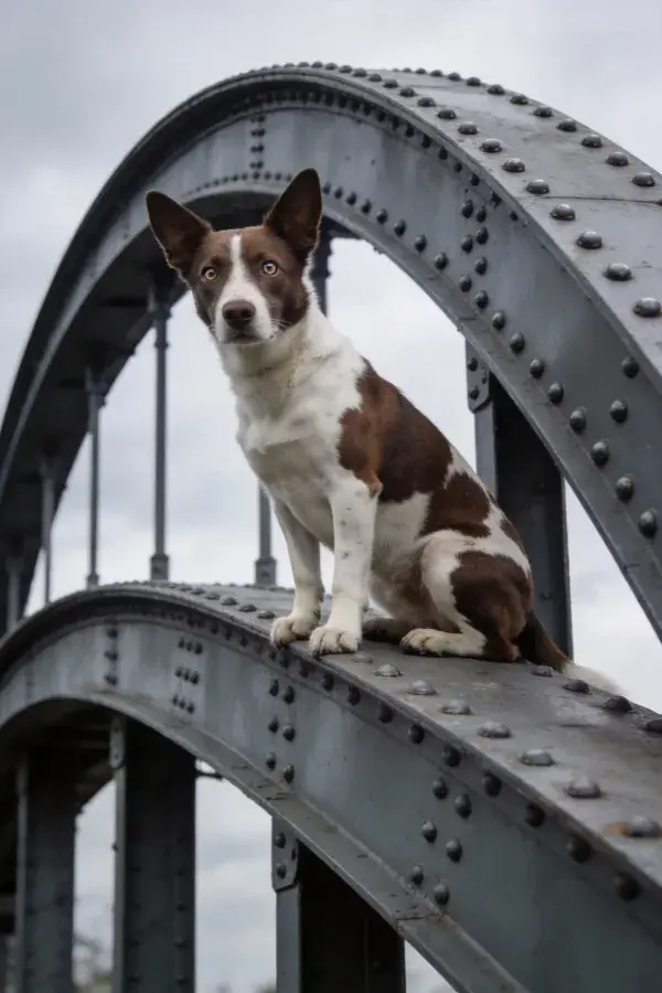 金属桥梁上的棕白短毛混种犬