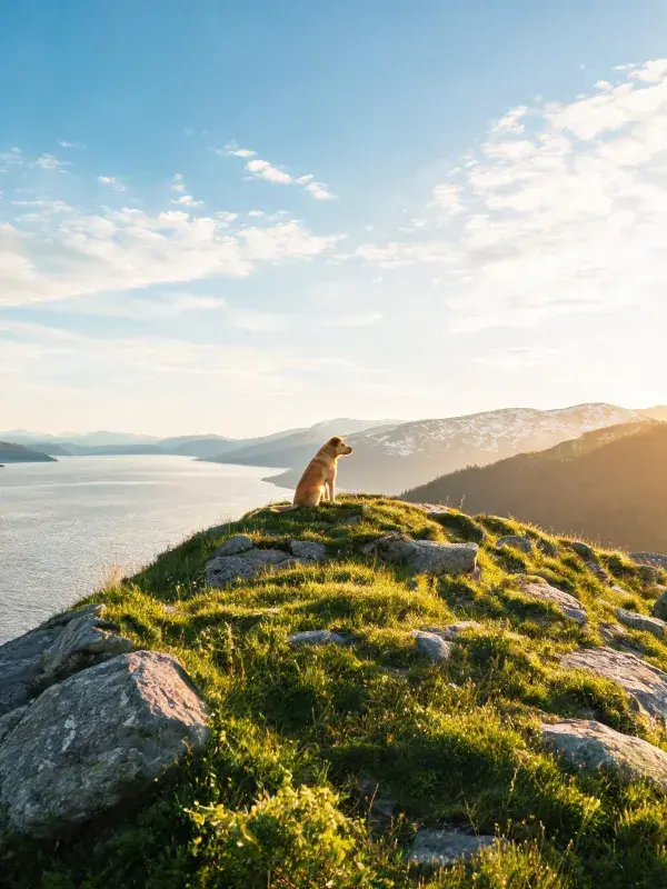 山顶草地上的黄色猎犬眺望湖景