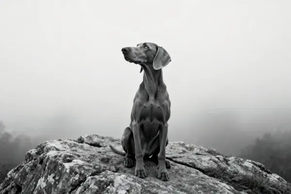 雾中山岩上的魏玛兰纳犬