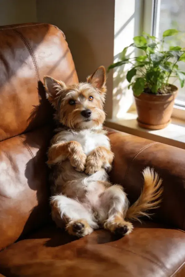 棕色皮沙发上放松的诺福克梗犬