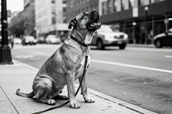 城市街道旁坐立的猛犬