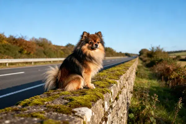 马路边石墙上的博美犬