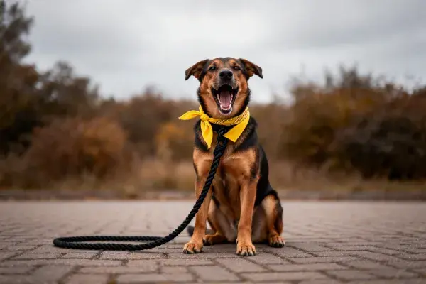 黑棕色混种犬坐于砖石路面场景