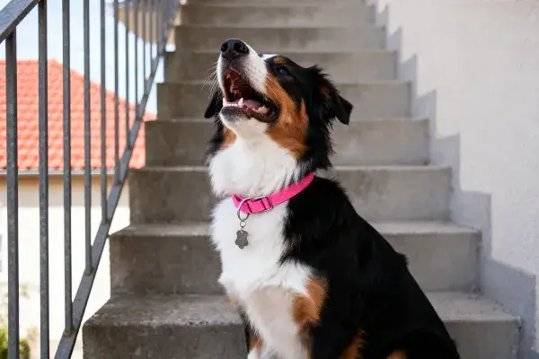 澳大利亚牧羊犬坐在楼梯上张望