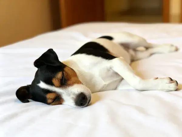 白色床单上的杰克罗素梗犬