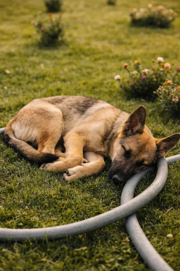 德国牧羊犬于草地旁软管处休憩