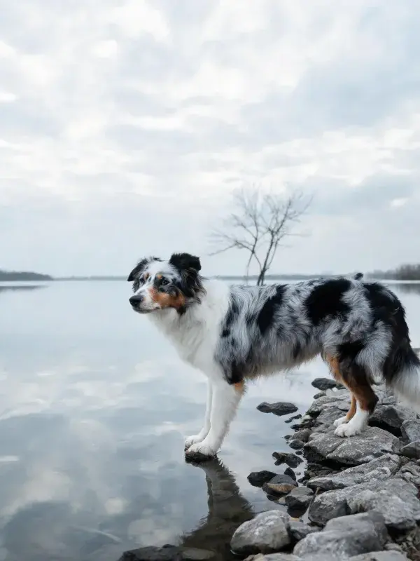 湖岸岩石旁的澳大利亚牧牛犬