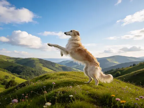 长毛猎犬于山地草坡跃起姿态