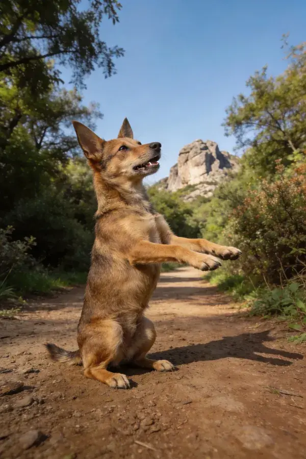 露天步道上的短毛混血牧羊犬姿态特写