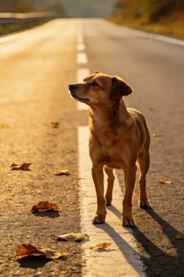 秋日公路上的短毛混种犬