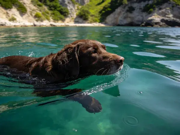 水中游泳的巧克力拉布拉多犬特写