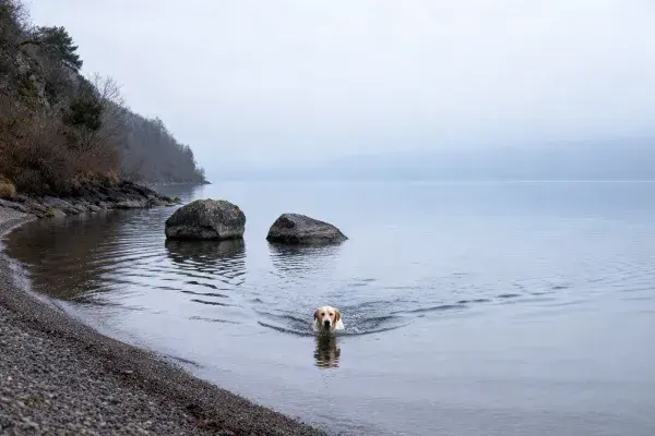 露天水域中游泳的拉布拉多犬场景特写