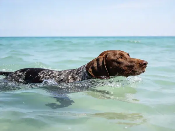 德国短毛波音达犬在海水中游泳