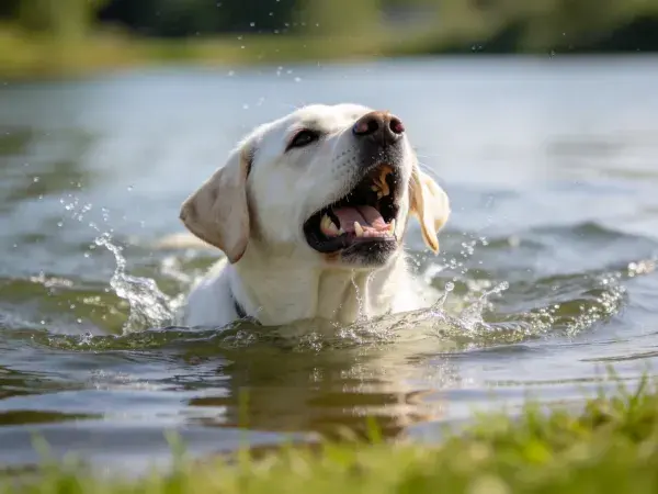 拉布拉多犬水中游泳特写场景
