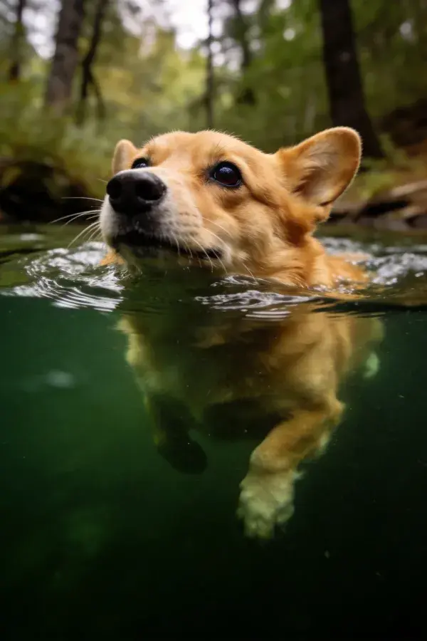 湿润水面中的金毛寻回犬游泳画面