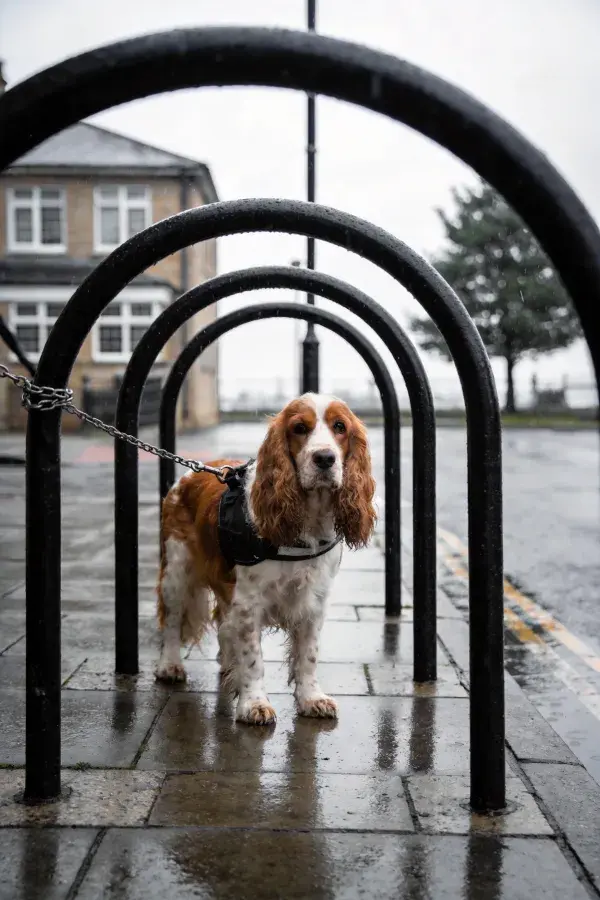 雨天街景中可卡犬于金属拱架间的状态