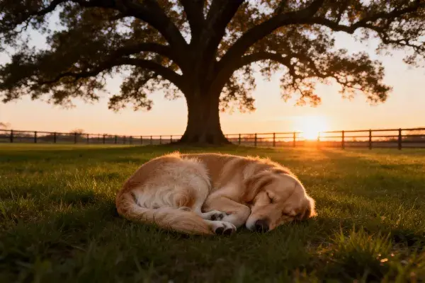 金毛寻回犬在草地橡树下的休憩场景