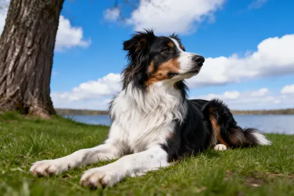 湖边草地上的澳大利亚牧羊犬