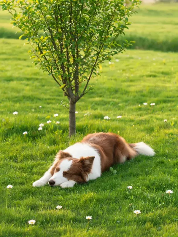 棕白边境牧羊犬草地休憩特写