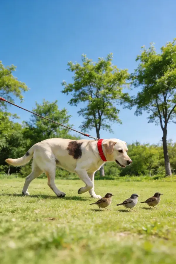拉布拉多猎犬牵引漫步草地