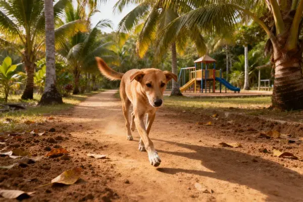 露天公园内短毛混种犬奔跑场景